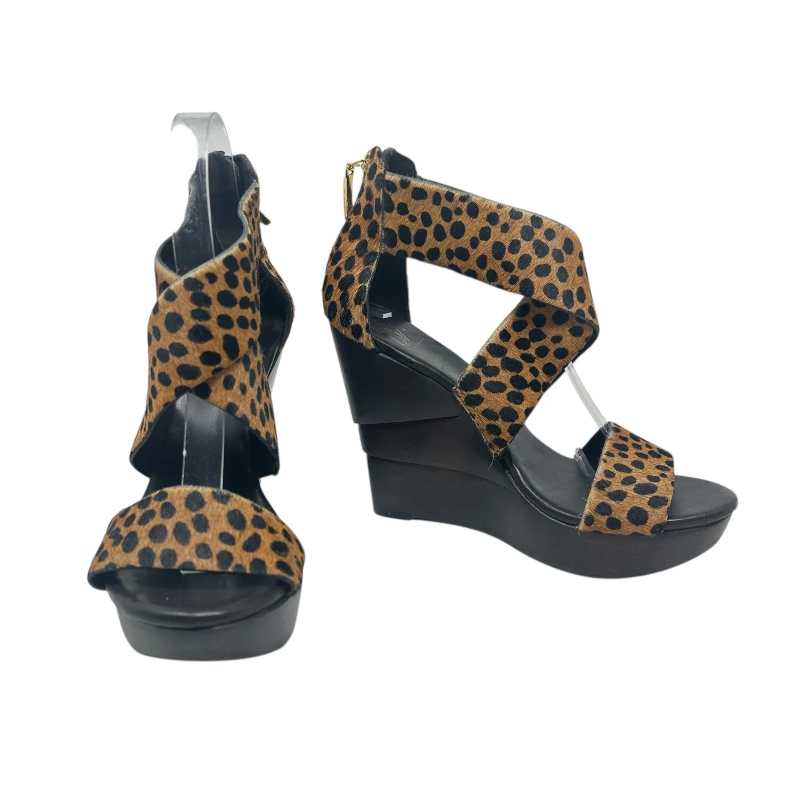 Diane von Furstenberg Opal Wedge Sandals Leopard Leather Calf Hair‎ Brown Size 8 - Image 3