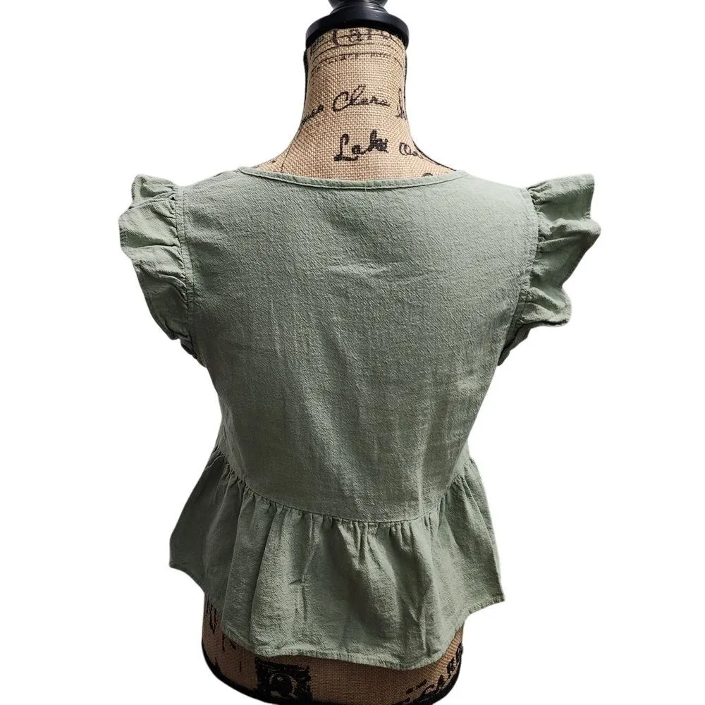 SHEIN Sage Green Cotton Peplum Top Flutter Sleeve‎ V-Neck Blouse Size S - Image 2