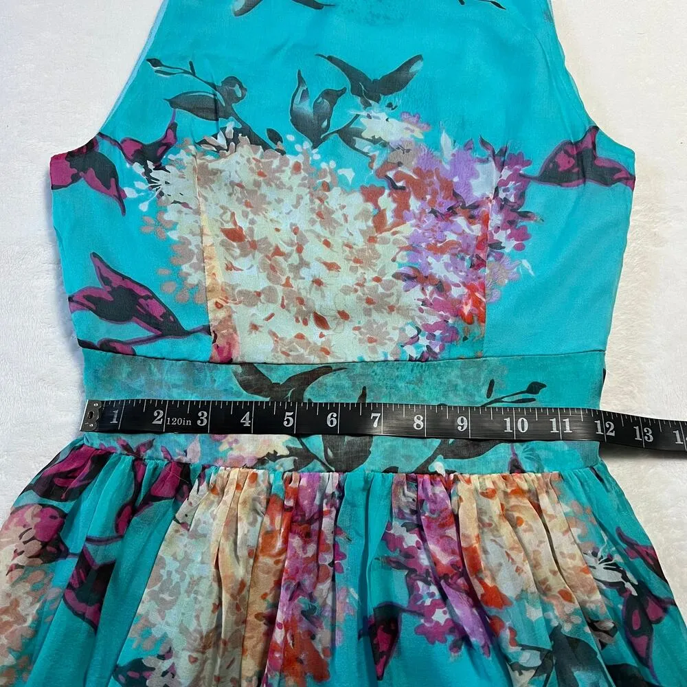 Women's Sleeveless Crewneck Floral Print Fit and Flare Mini Dress Size XS Boho Blue - Image 8