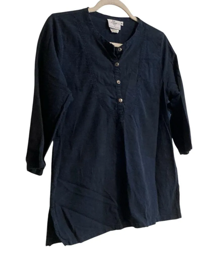Vintage Navy Blue Cotton 3/4 Sleeve Loose Fit Boho Cottage Tunic Top Size Small - Image 3