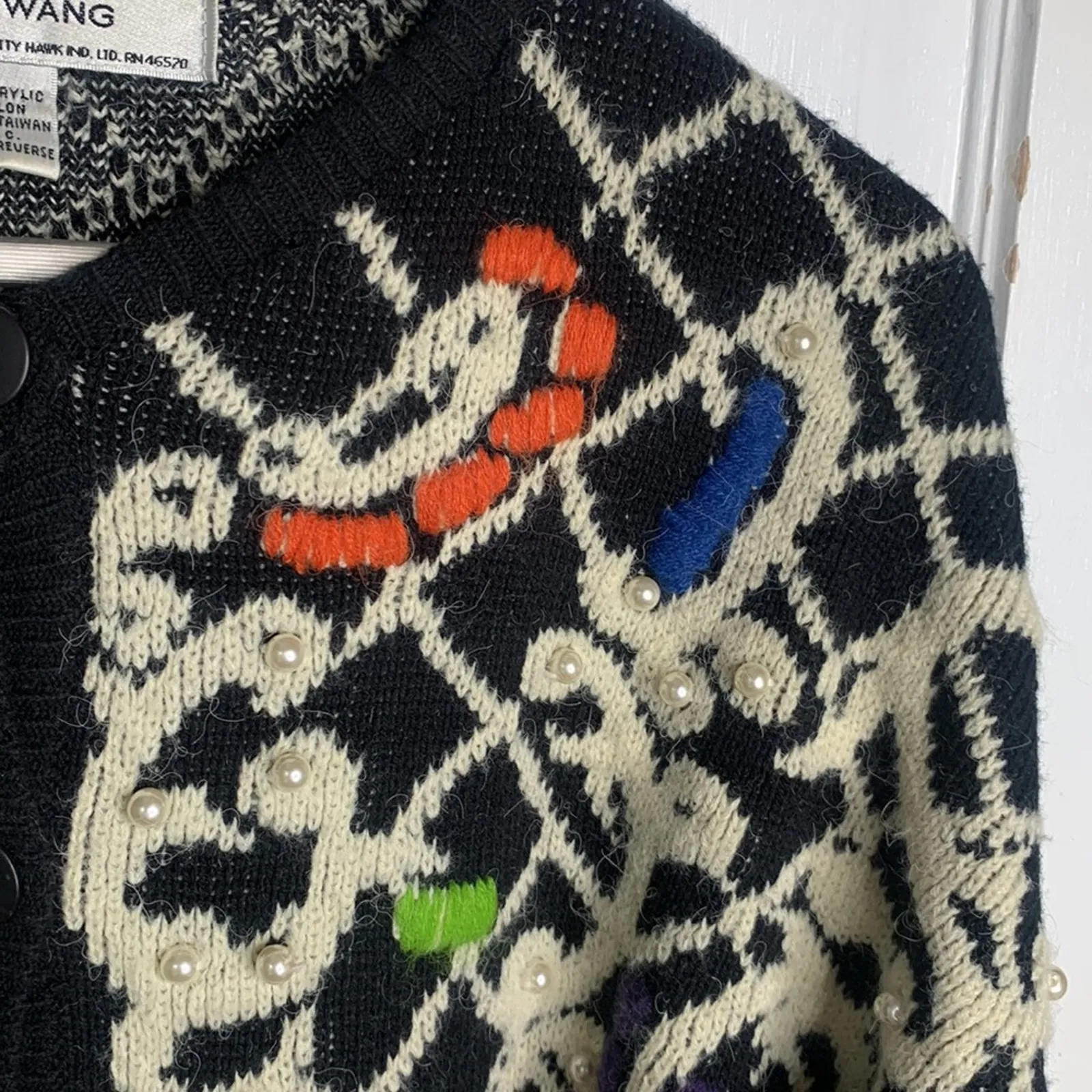 Kitty Hawk by Vivian Wang Vintage Pearl Embellished Black Cream Cardigan Sz M Size M - Image 3