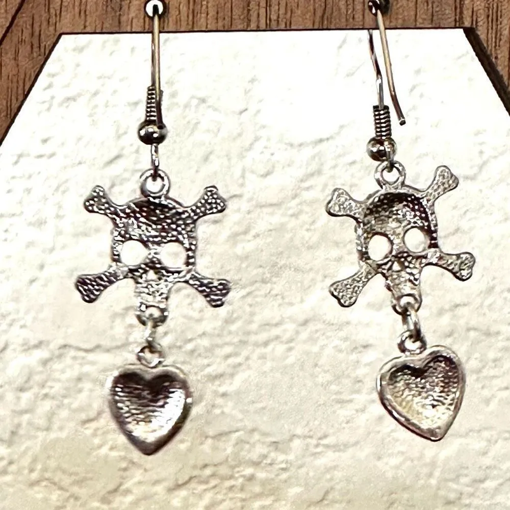 Blue skull and heart rhinestone drop earrings - Image 2