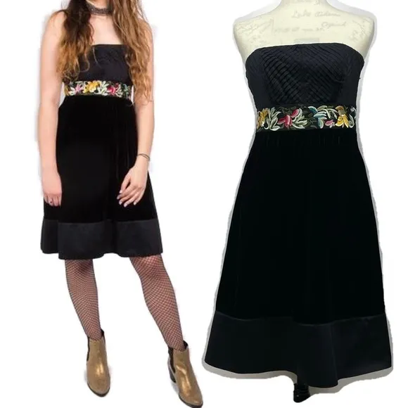 Anthropologie Floreat Floral Embroidered Black Velvet Strapless Dress Size 2 - Image 2