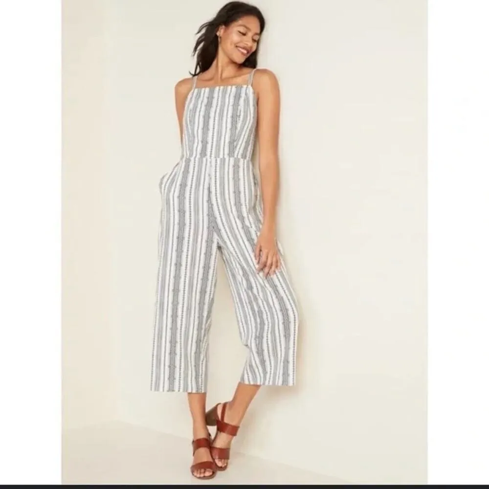 Linen-Blend Geometric-Stripe Sleeveless Jumpsuit -Size Small - Image 4