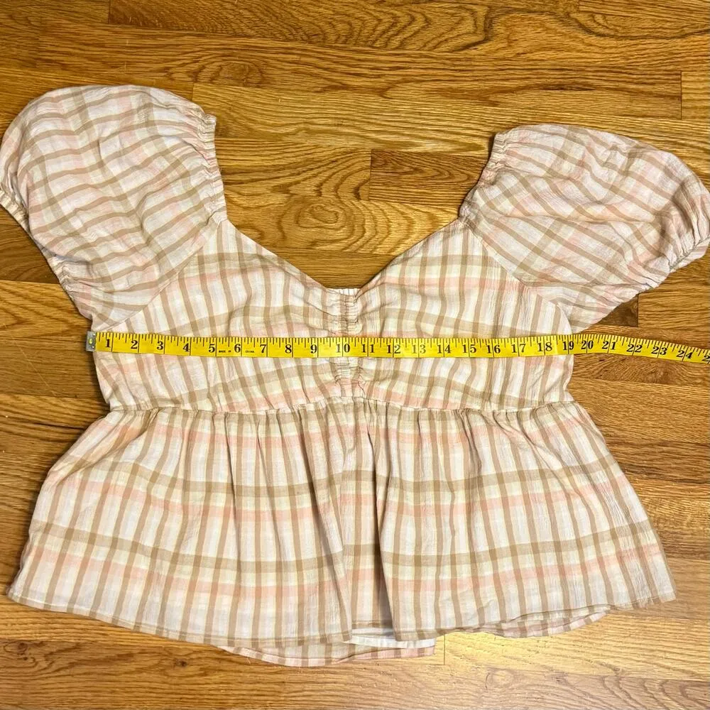 BP Women’s Plus 1X Brown Pink Plaid Puff Sleeve Peplum Top Cotttagecore Prairie - Image 5