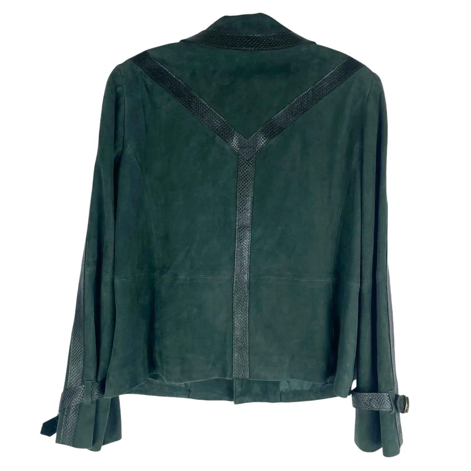 Worth NY Snake Leather Trim Suede Jacket Snap Button Dark Green Size 4 - Image 9