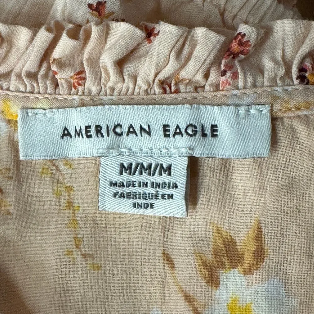 American Eagle Medium Crop Top Floral Button-Up Balloon Sleeves V-Neck Ruffle - Image 10