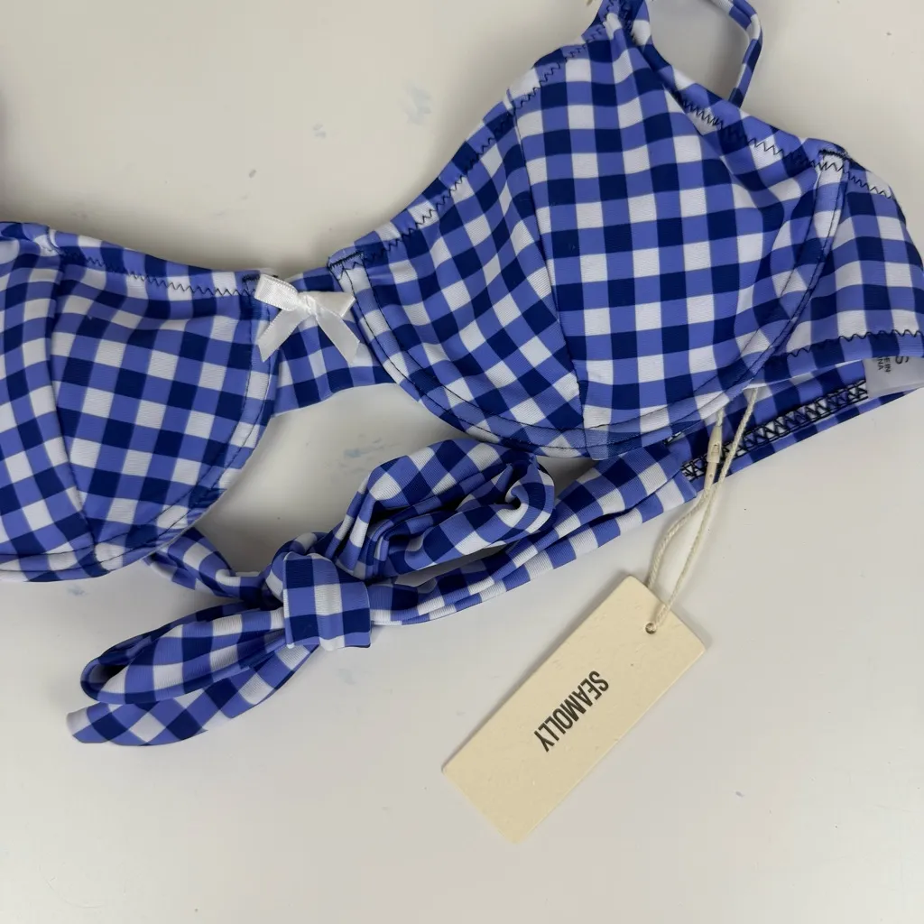 Seamolly Blue Gingham Bow Tied Back Underwire Bikini Top Size XS - Image 5