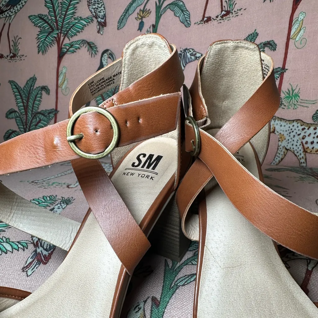 SM New York Brown Faux Leather Block Heel Woven Ankle Strap Pump Point Shoes 10M Size 10 - Image 9