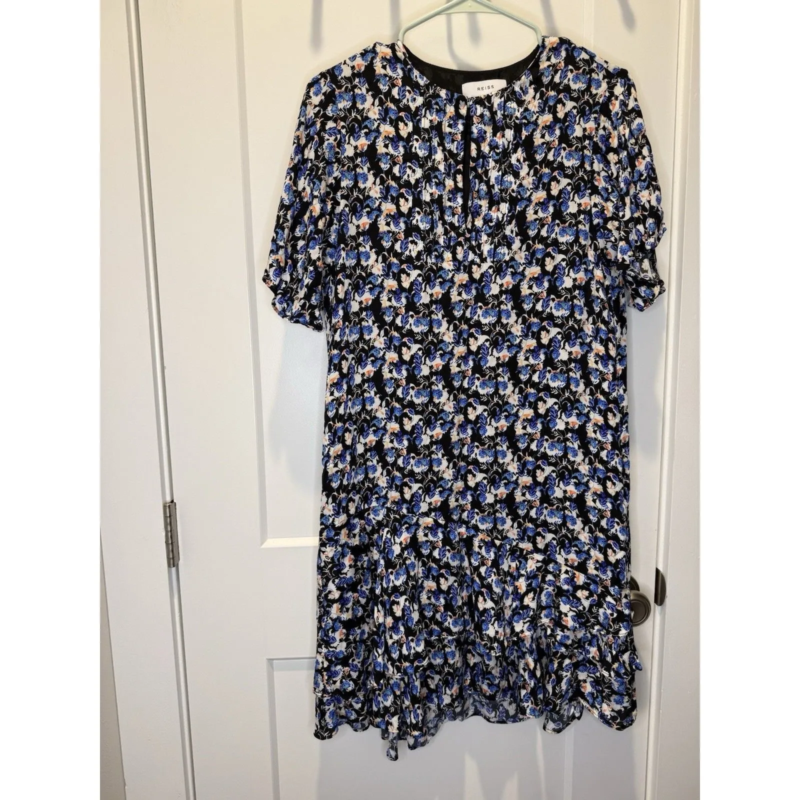 REISS Blue Lulu Ditsy Flippy Drop Waist Mini Dress Short Sleeve Flutter Medium 8 - Image 2