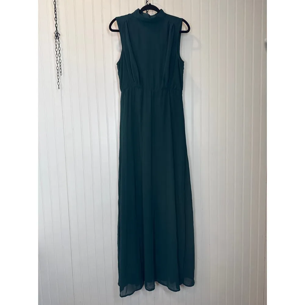 NWOT Lulus Classic Elegance Emerald Chiffon Sleeveless Mock Neck Maxi Dress Sz M - Image 2