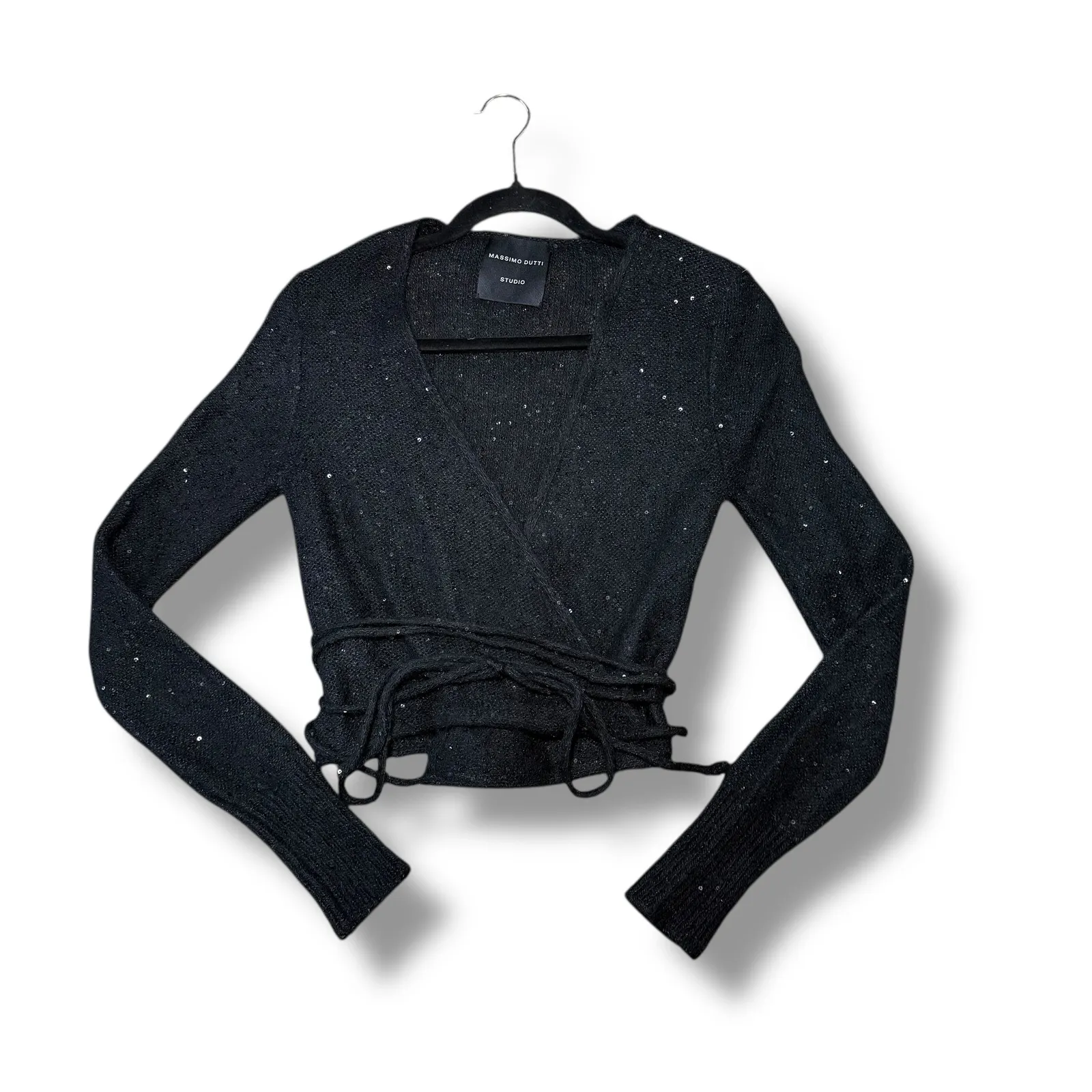 Massimo Dutti Studio Black Sequin Wrap Knit Cardigan Sweater Studio Collection - Image 2