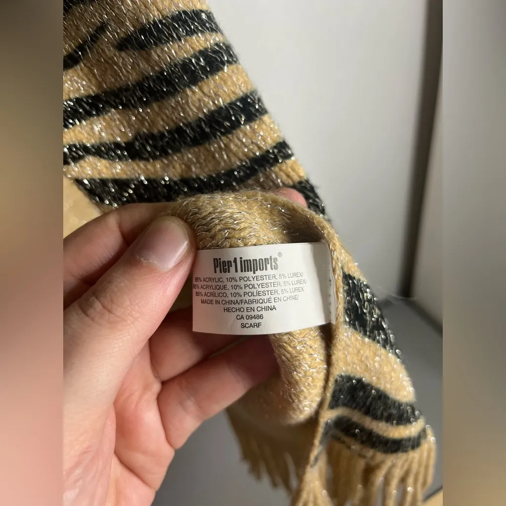 Pier 1 Imports Acrylic Reversible Scarf Beige ZebraPrint Glitter Metallic Fringe Tan - Image 15