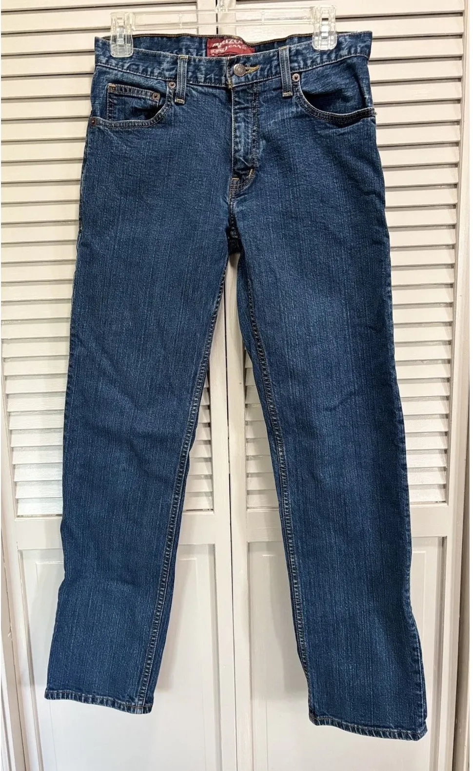 Arizona Straight Leg Slim Med Wash Denim Jeans Mid Rise Size 29x32 Logo Zip - Image 1