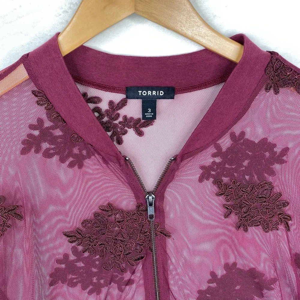 Torrid Deep Red Full Zip Long Sleeve Mesh Floral Bomber Sheer Jacket Size 3X - Image 6