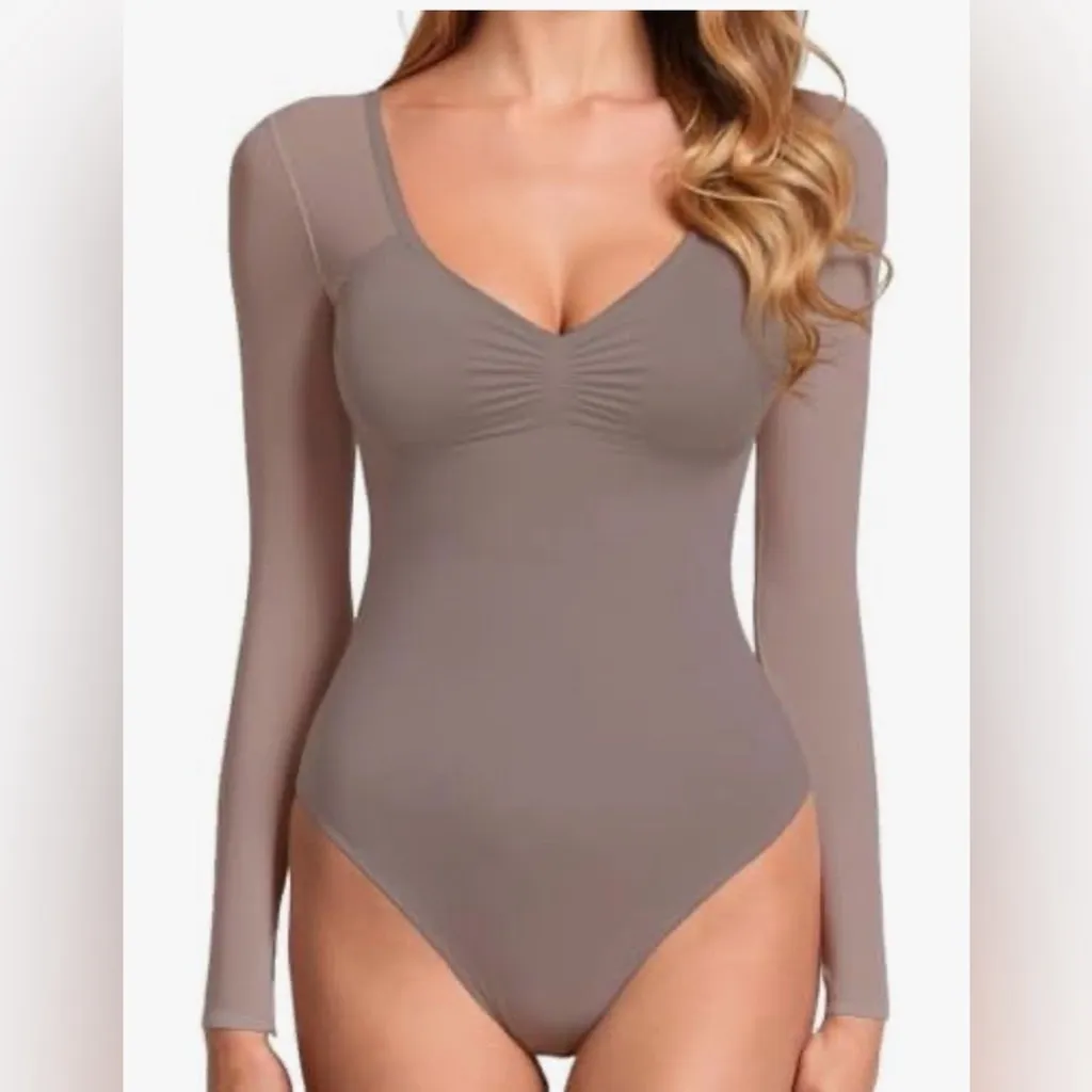 NEW Super Soft Lightweight Mauve Bodysuit V Neck Mesh Long Sleeve Backless M Pink Size M - Image 3