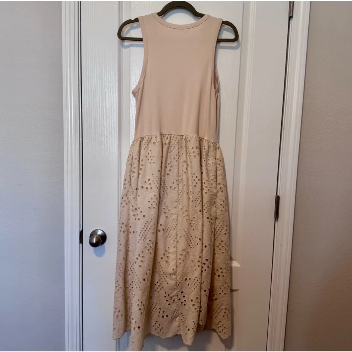 Grace Karin Beige Eyelet Midi Dress Sleeveless Scoop Neck Casual Summer Large - Image 3