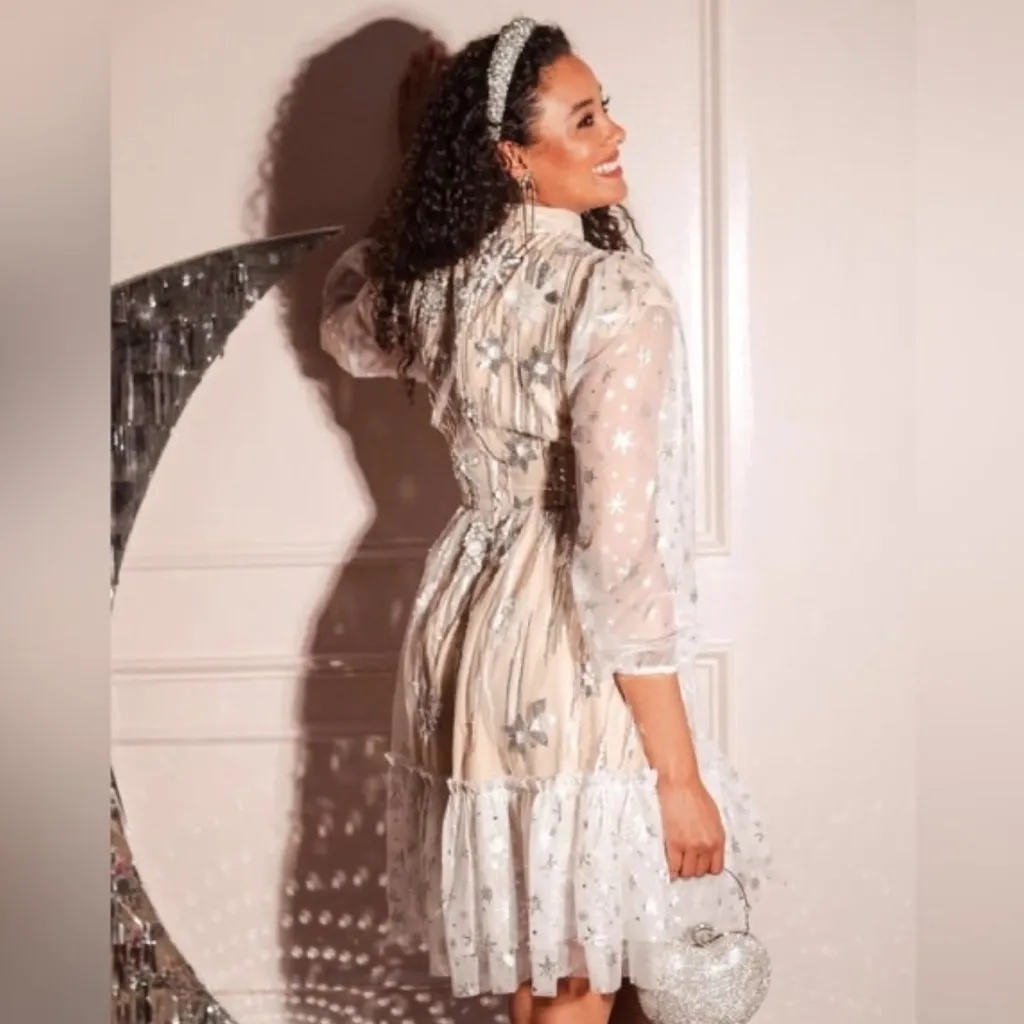 IVY CITY CO Ellis Dress in silver sequin champagne Sheer Starry Dress Bow S White - Image 6