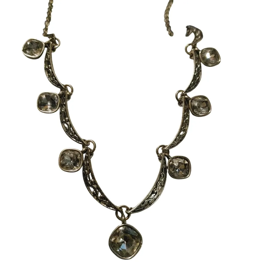 Crown Trifari Crystal Pave Necklace Vintage Silver Tone Filigree Clear Cushion - Image 7