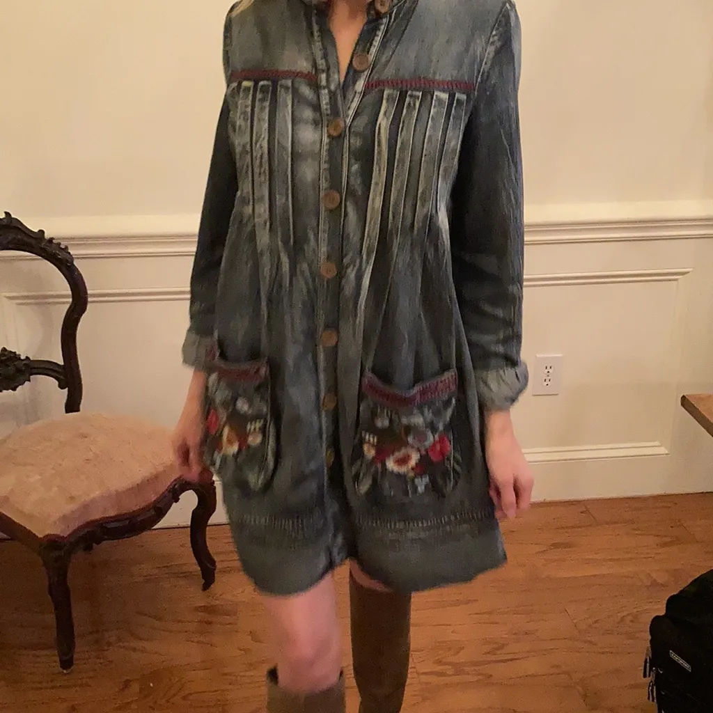 Rare, Vintage style denim, embroidered flower pouch pockets dress Blue Size M - Image 8