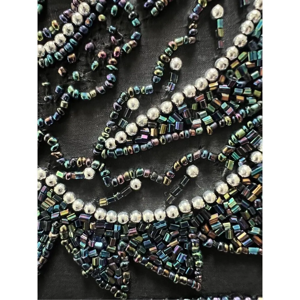 Black Silver Iridescent Floral Beaded Fold Over Magnetic Closure Clutch Bag Black - Image 5