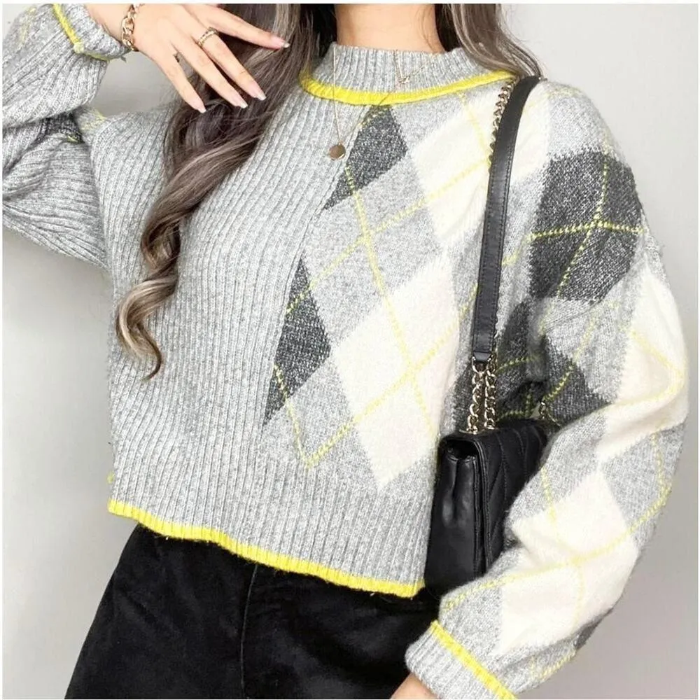 Pringle of Scotland x H&M Gray Ribbed Knit Argyle Crewneck Sweater Size Small - Image 4