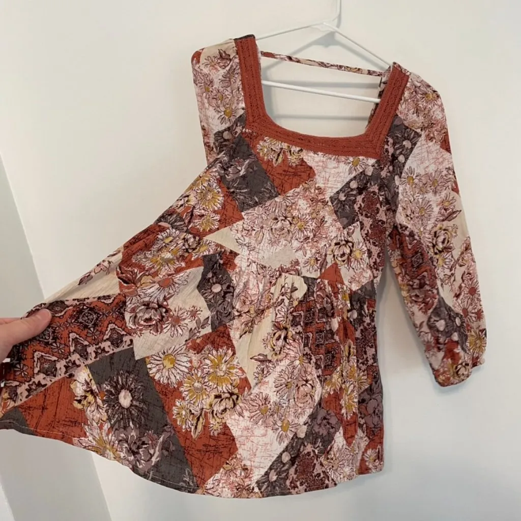 MAURICES Crochet Trim Patchwork Babydoll Blouse Multi Floral Boho 3/4 Sleeve Top - Image 11