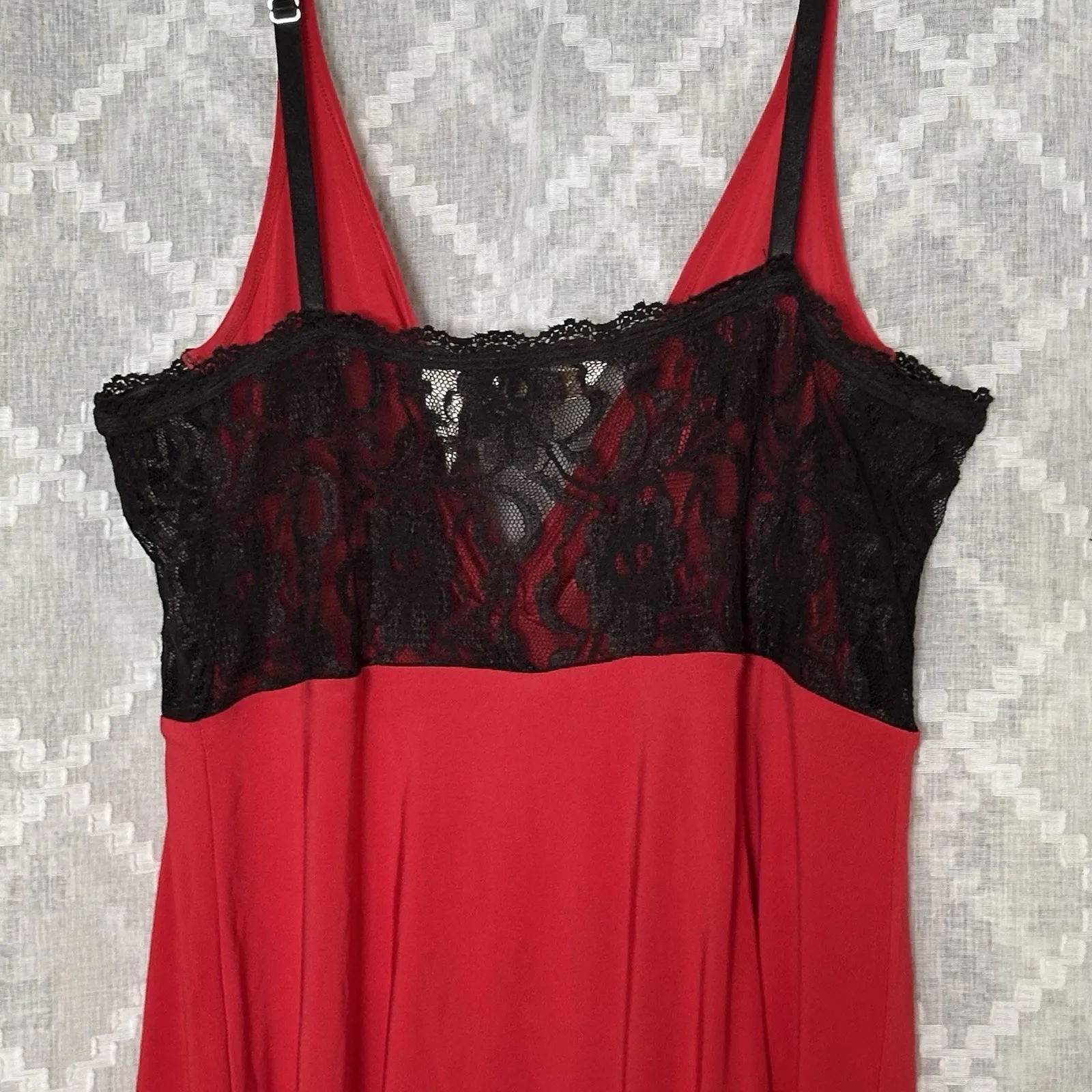 VTG Red Babydoll Slip Dress Black Lace Trim Size Large Glam Goth‎ Sexy Holiday - Image 7
