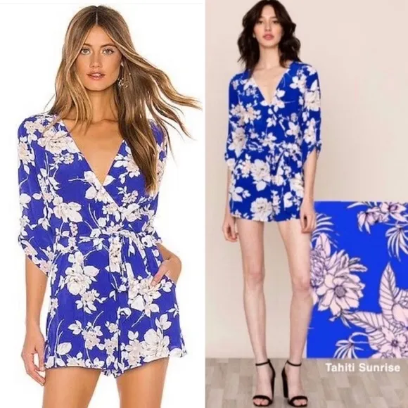Yumi Kim Liz Tahiti Sunrise Jumpsuit Floral white & blue tie romper Medium - Image 2
