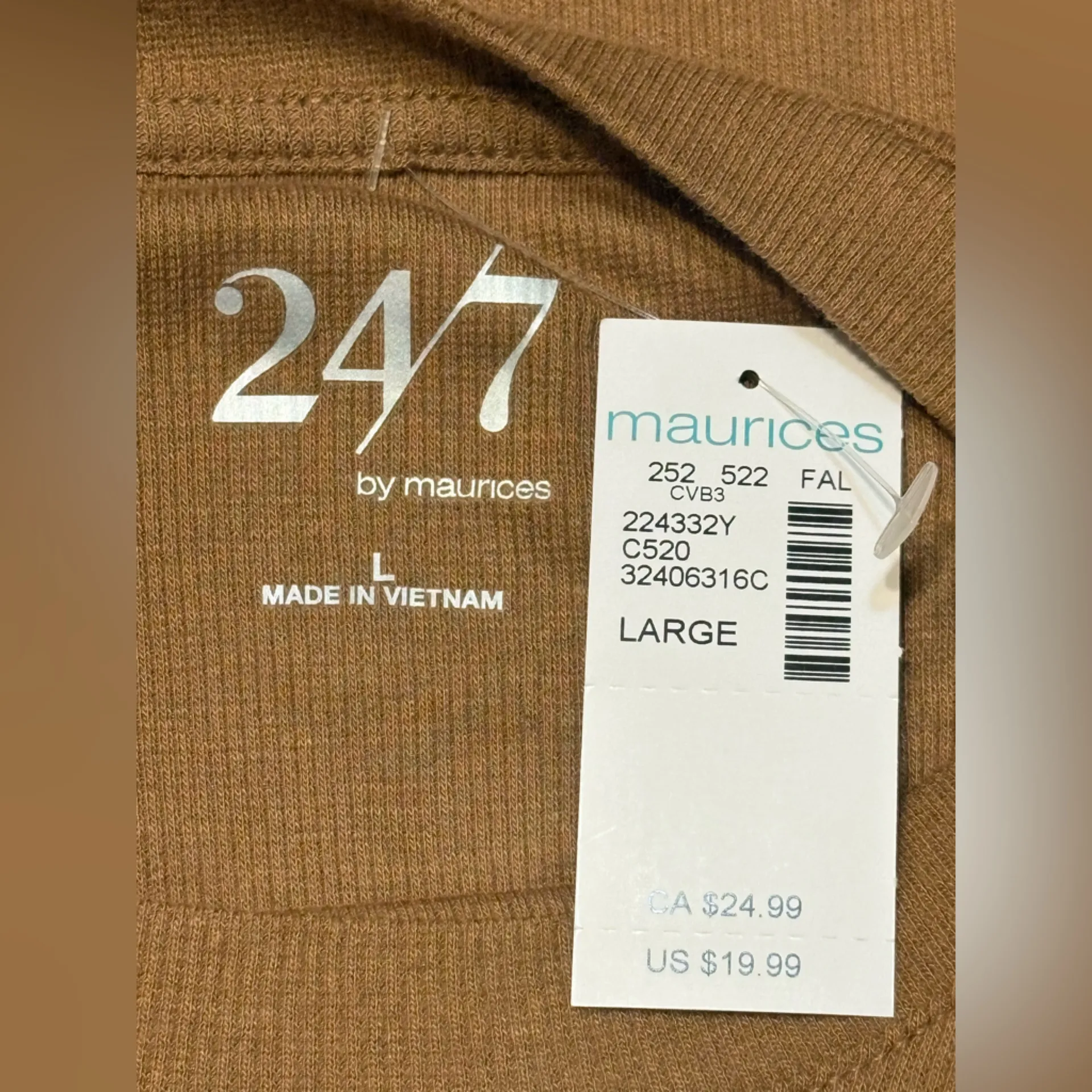 Maurices 24/7 Collection Camel Color Long Sleeve Ribbed Long-sleeve Comfy NWT L - Image 5