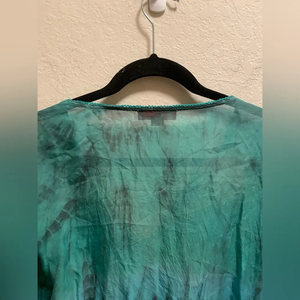 Hale Bob Cabana Silk Ombre Tie Dye Beaded V-Neck Top With Drawstring Waist - Image 6