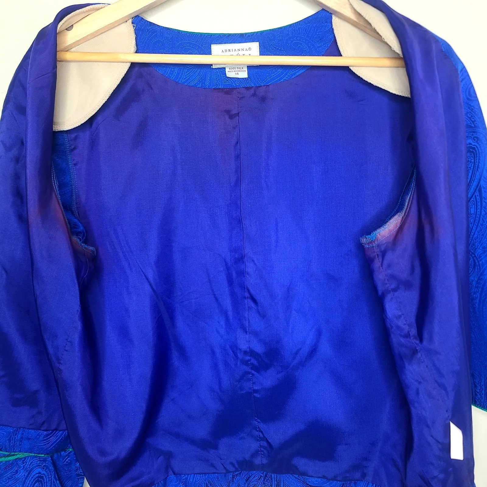 Vtg Adrianna Papell Womens Blue Green Trim 100% Silk Jacket Blazer 14 Retro Chic - Image 6