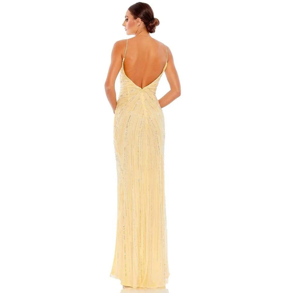 Mac Duggal 93733 Buttercream Yellow Beaded Sleeveless Faux Wrap Gown 16 - Image 7