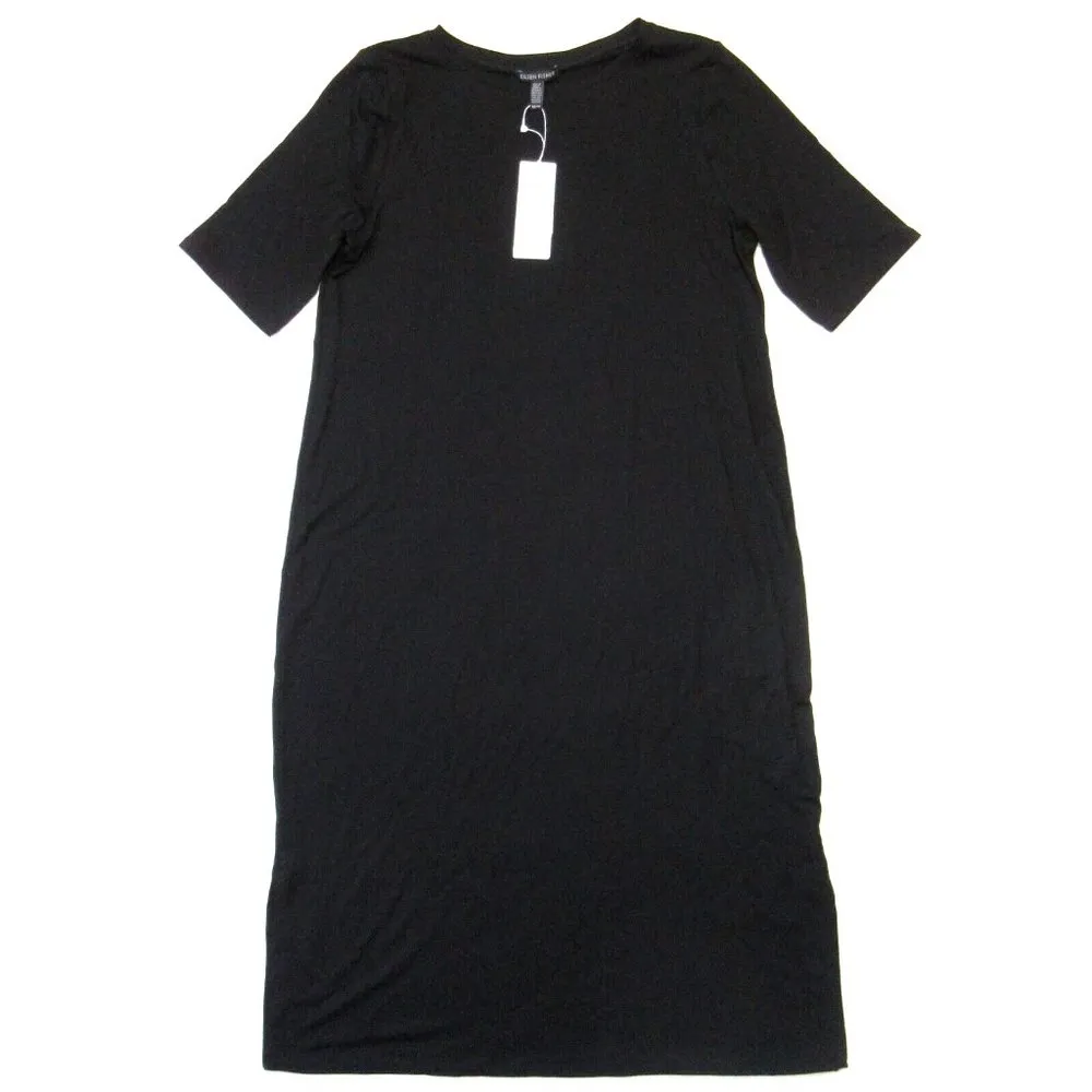NWT Eileen Fisher Crew Neck Shift in Black Fine Tencel Jersey T-Shirt Dress XS - Image 2