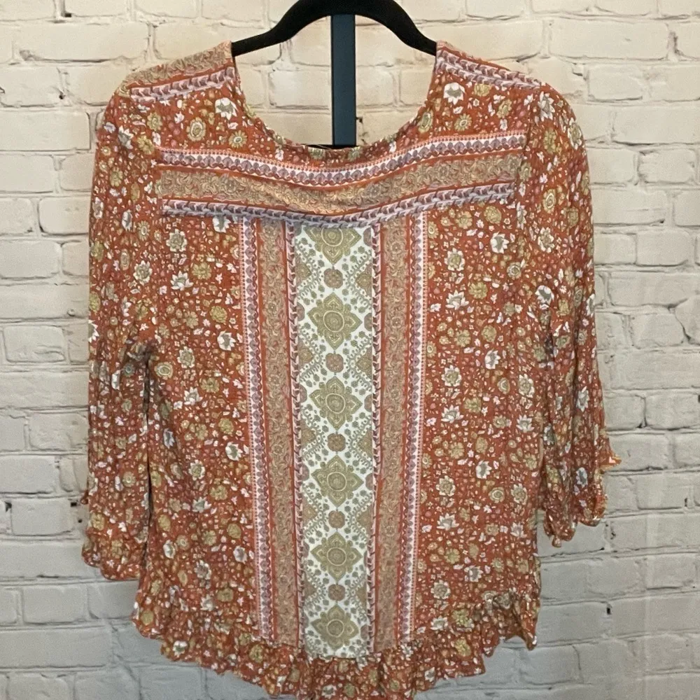 Rose & Thyme Orange Printed Blouse Peplum Hem Size Large Boho - Image 2