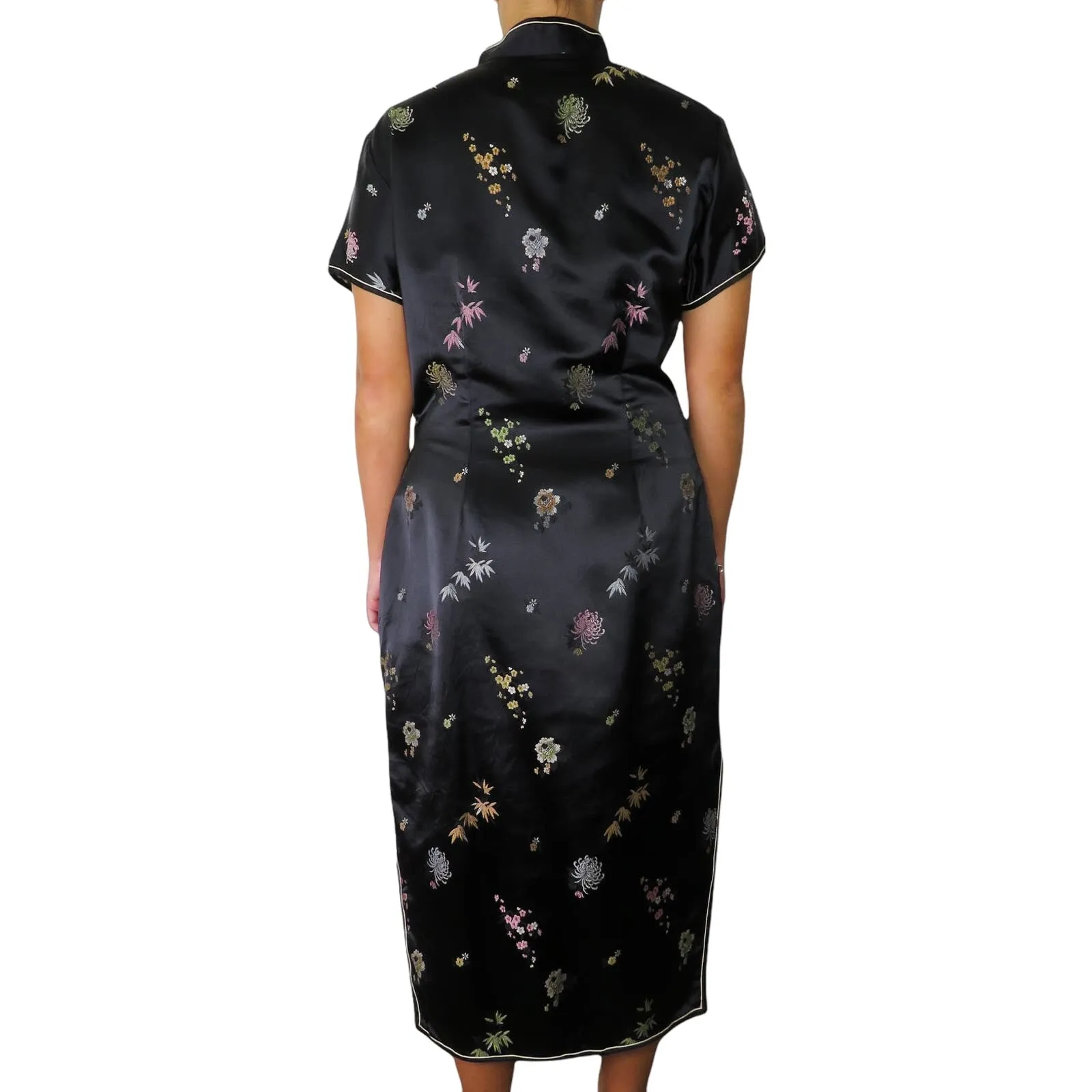 1980s Japenese Vintage Traditional Cheongsam Kimono Dress Black Floral Large - Image 2