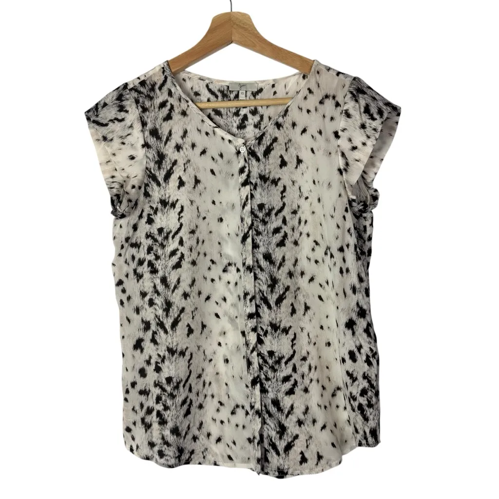 Joie Iva Leopard Print New Moon White & Black Cap Sleeve Silk Blouse XS - Image 2