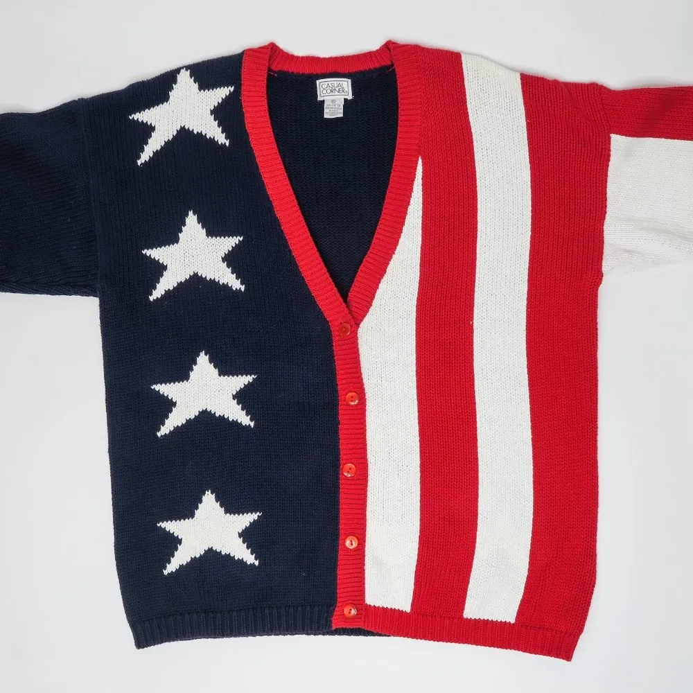 Vintage 80s Casual Corner Forth of July American Flag Cardigan Sweater Size XL - Image 4