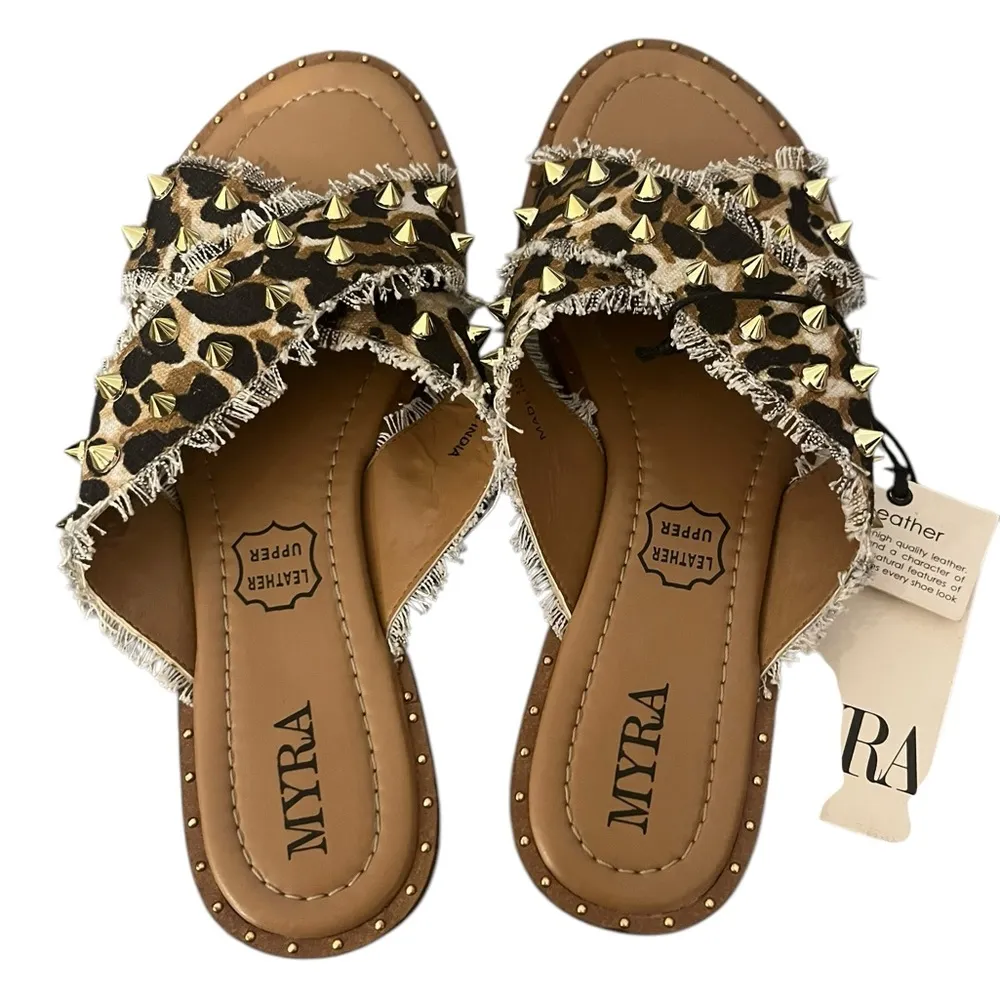 NWT Myra Fudge Flats Leather Textile Upper Leopard Animal Print Slide Sandals 10 Black - Image 7