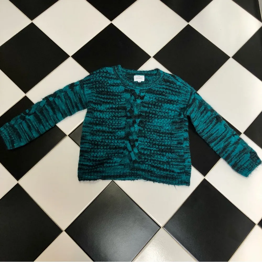 Chunky Open Cable Knit Crochet Sweater Teal Turquoise & Black Woven M - Image 6