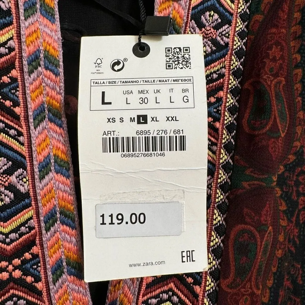 ZARA Deep Burgundy Green Boho Jacquard Long Sleeve Ribbon Tie Dress L NWT - Image 8