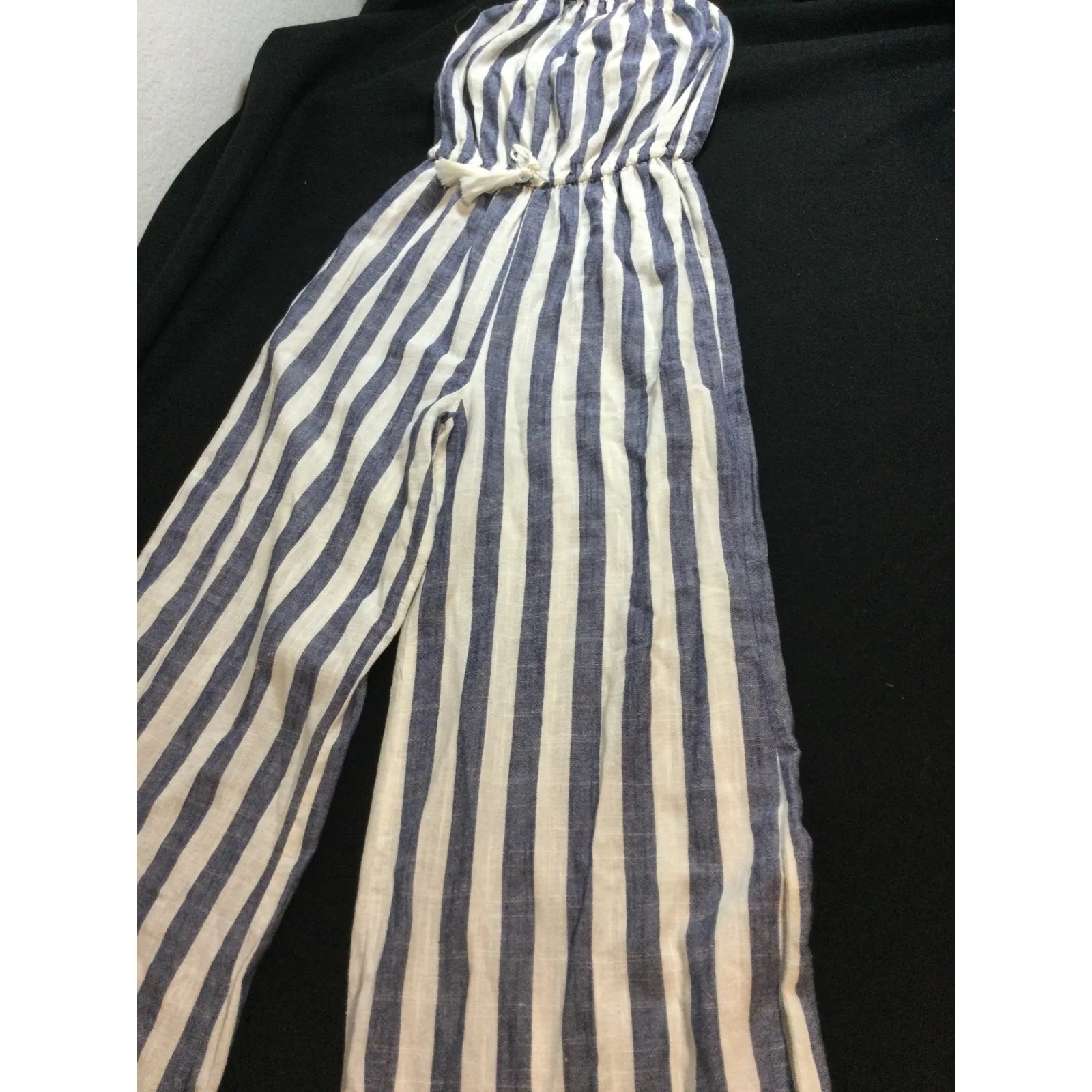 Striped Jumpsuit Strapless Wide LegDrawstring Waist Beach Casual Summer Romper S Blue - Image 3