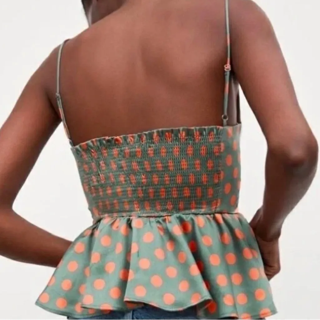 ZARA Green & Orange Polka Dot Satin Peplum Ruffle Bustier Camisole Top‎ Size XS - Image 3