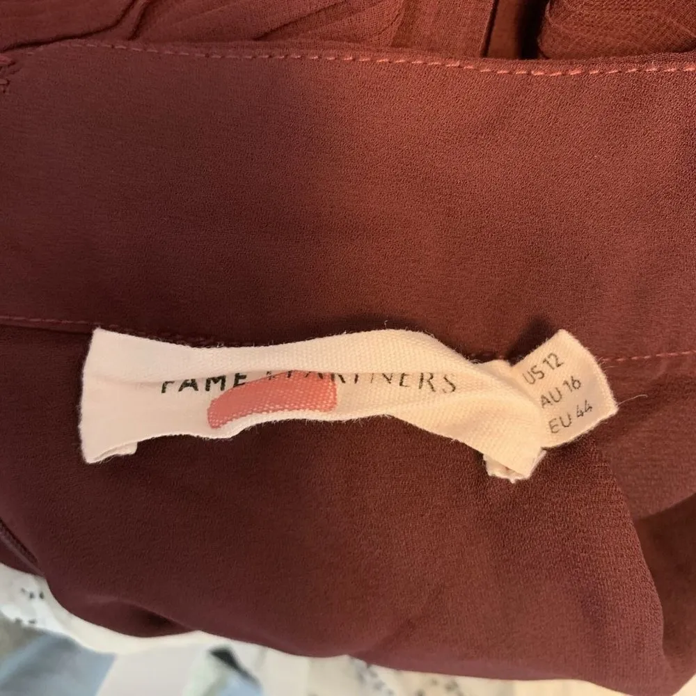 FAME & PARTNERS Maroon Red Chiffon Pleated Tiered Midi ROMAN Skirt Size 12 - Image 7