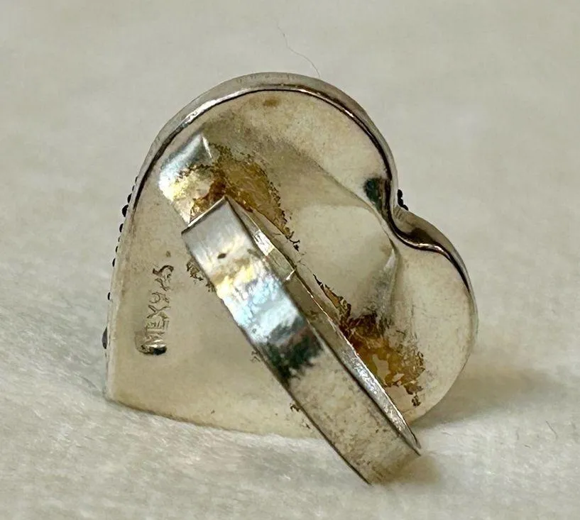Solid Sterling Silver Micro Mosaic Heart Shaped Ring Size 7 Black - Image 5