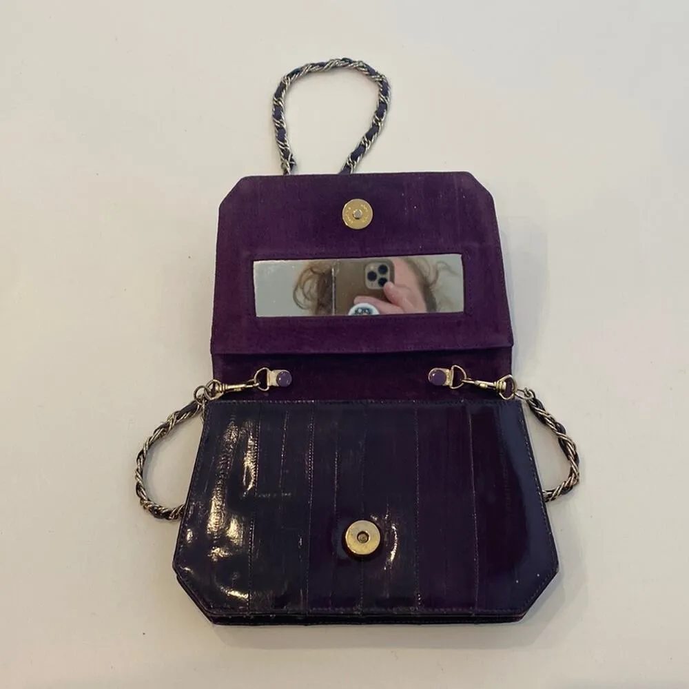 Lee Sands Vintage 1980s Purple Eel Skin Crossbody/Clutch Bag Snap Closure Mirror - Image 4