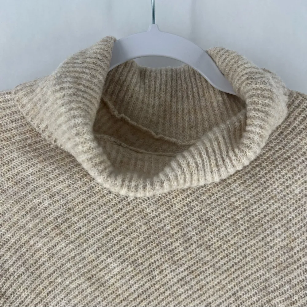 Ribbed Turtleneck Dolman Long Sleeve Triangle Hem Poncho Sweater Tan Size L - Image 2