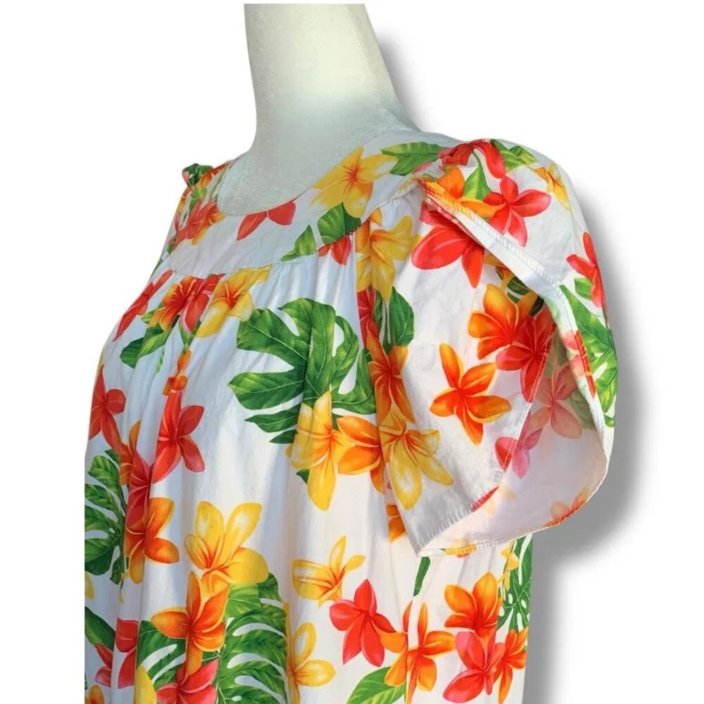 Vintage Puanani Made In Hawaii Orange Yellow Floral Muumuu Midi Dress Medium White - Image 5
