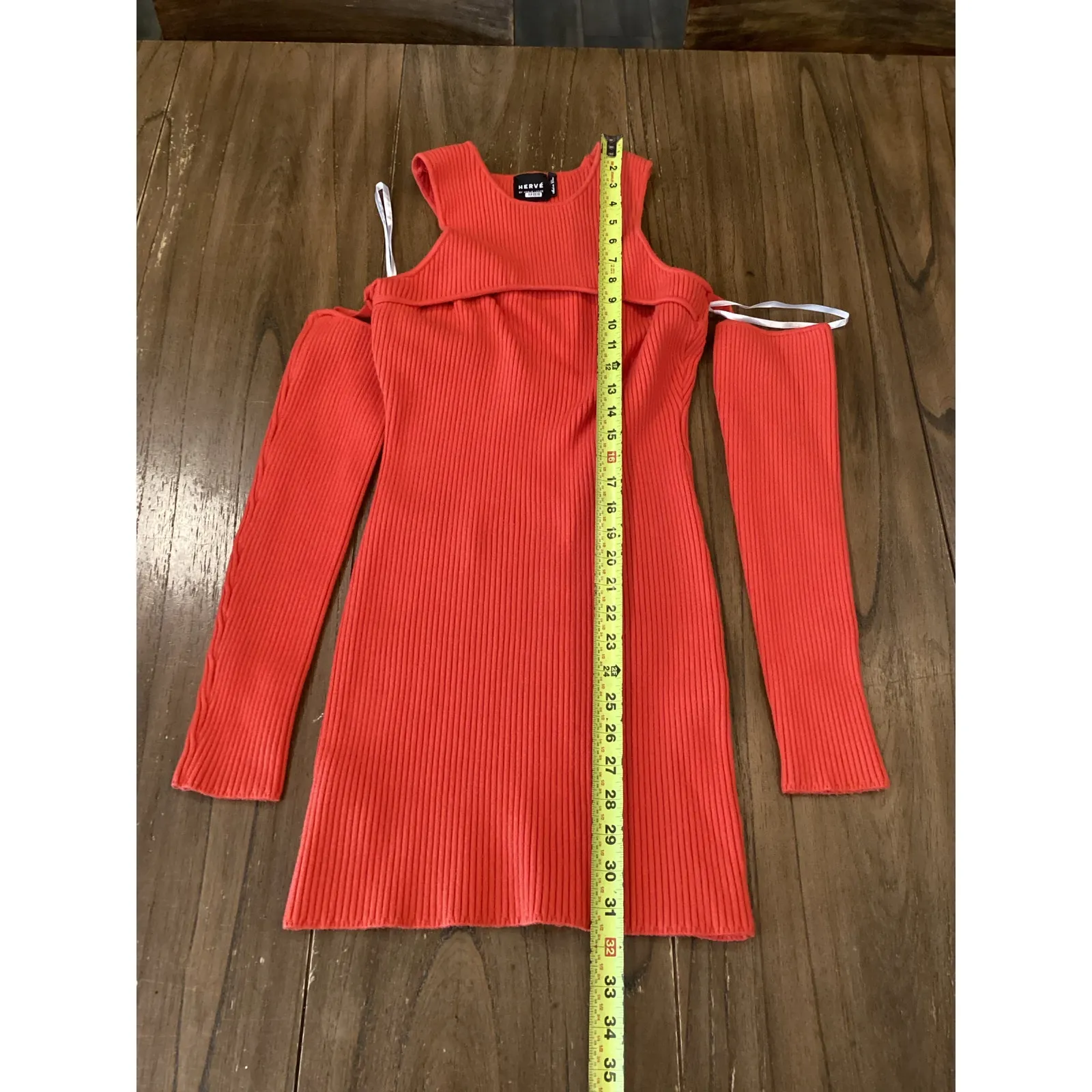 Herve By Herve Leger Orange Ribbed Knit Long Sleeve Cold Shoulder Mini Dress M - Image 2