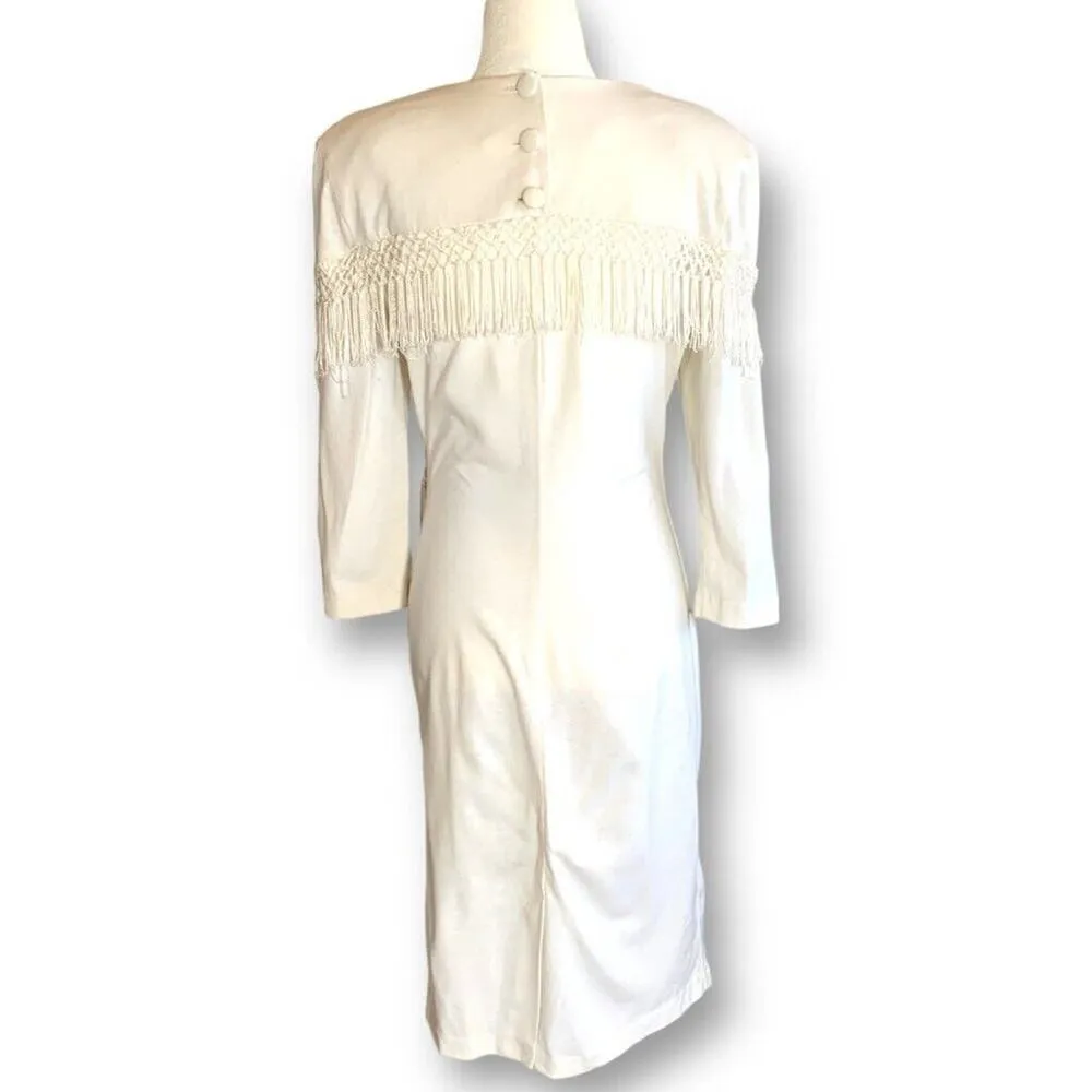Vintage 80s White Fringe Hemmed Macrame Midi Dress Long Sleeve Western Boho Size M - Image 4